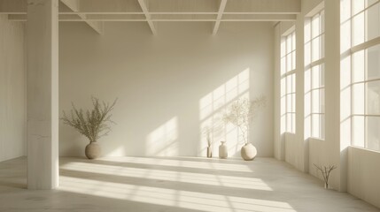 A White Room With Large Windows and a Plant in the Corner