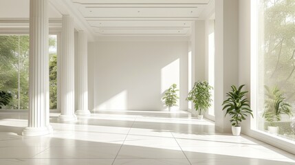 A Spacious Room With Columns and Plants