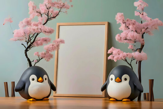 3d realistic studio photo two penguins with empty figure frame, white color and cherry blossom decoration on pastel blue background.  Suitable for card, template, banner, flyer etc.