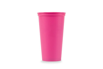 Empty pink plastic cups isolated on white background with clipping path.