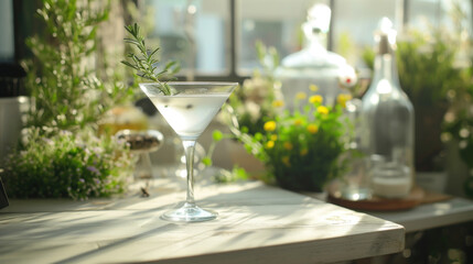 Cocktail glass with clear herbal infusion, aromatic herbs in the background