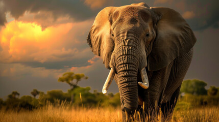 Fototapeta na wymiar Big elephant in savannah, stormy dramatic sky, sunset light