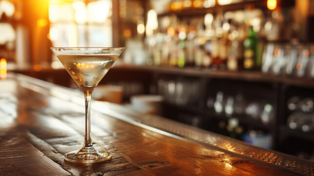 Martini cocktail on bar counter, sunset light - Powered by Adobe