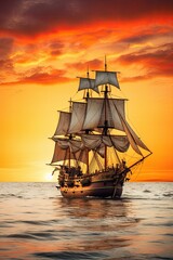 Fototapeta premium Crimson Tide. Small sailing ship in the open sea at sunset.