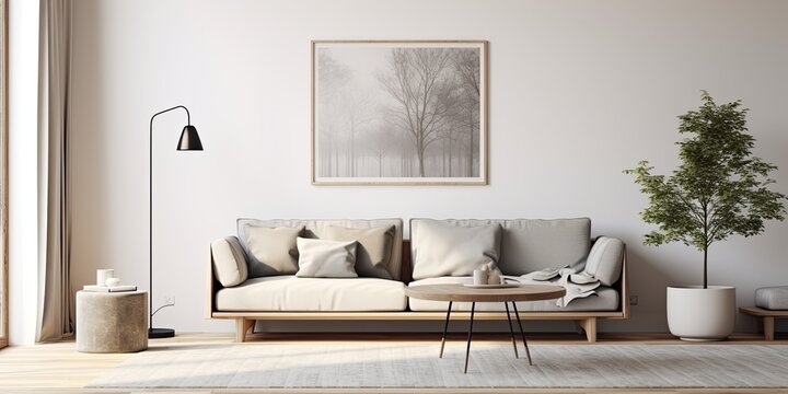 Chic Scandinavian home interior with a grey sofa, small retro table, stylish accessories, and a mock-up poster frame. Sophisticated decor with a modern carpet on brown wooden parquet.