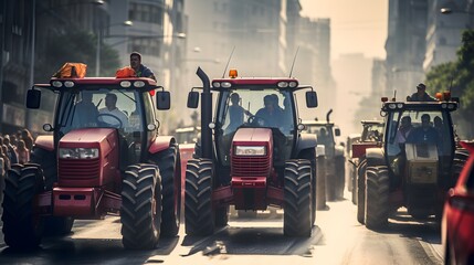 Row of tractors and agricultural machinery drives along the road, surrounded by cultivated fields. Agricultural workers go to protest rally against tax increases, changes in law, abolition of benefits