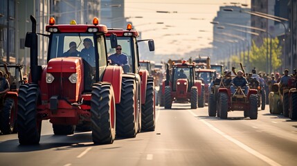 Row of tractors and agricultural machinery drives along the road, surrounded by cultivated fields. Agricultural workers go to protest rally against tax increases, changes in law, abolition of benefits