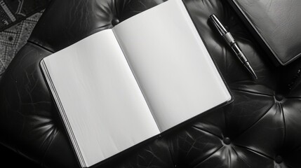 Black and White Photo of a Notebook and a Pen