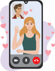 Vector illustration of boyfriend video calling to girlfriend's smartphone. Communication concept of phone video call with couple in love.