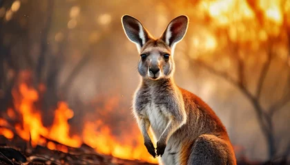 Foto op Plexiglas kangaroo with the bush fire on the background burning forest in australia natural disaster generated © Wayne