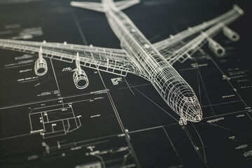 Technical drawing plans of an airplane drawn in white lines on a black background. Blue prints - obrazy, fototapety, plakaty
