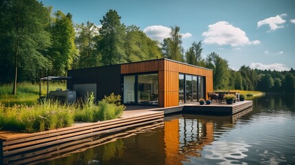 Fototapeta na wymiar Modern shipping container house home, tiny house near lake in sunny day. Shipping container houses is sustainable, eco-friendly living accommodation or holiday home