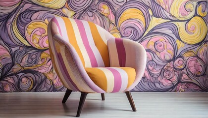 armchair with a playful puff pattern in a mix of pastel pink purple and yellow tones soft rounded contours and cheerful color scheme