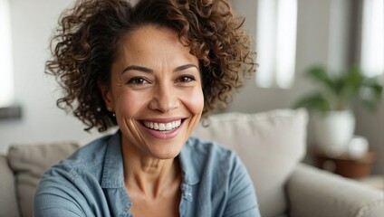 Welcoming selfie of a middle-aged mixed-race woman with curly hair and a beaming smile, casually dressed in a denim shirt at home.