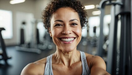 Radiant middle-aged mixed-race woman with curly hair taking a selfie at the gym, wearing a grey tank top and displaying a confident, happy smile.