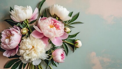 sloopy flower bouquet of pink and white peonies flowers over pastel background spring and summer