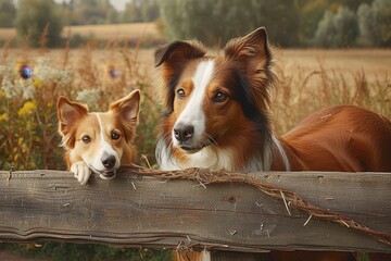 Two curious canines stand on the lush green grass, gazing over a rustic wooden fence, their furry brown coats blending into the sprawling field beyond