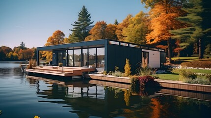 Modern shipping container house home, tiny house near lake in sunny day. Shipping container houses is sustainable, eco-friendly living accommodation or holiday home