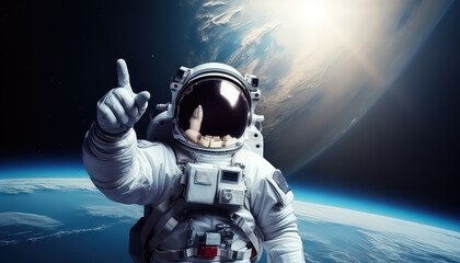 Cosmonaut in outer space showing thumbs up