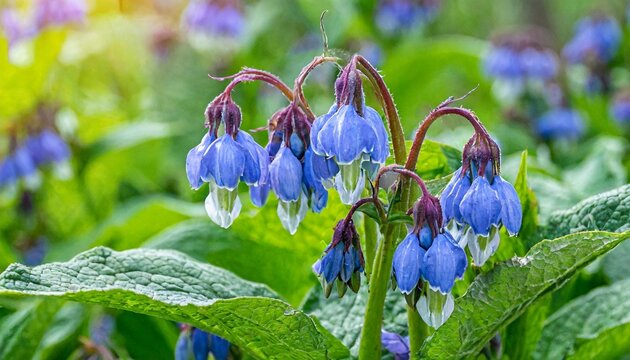 bright blue comfrey flowers symphytum close up against a background of green leaves in a flower garden
