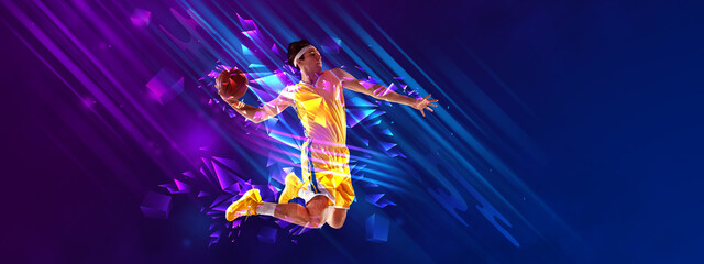 Banner. Powerful slam dunk. Young basketball player hit goal against gradient background with polygonal and fluid elements. Concept of professional sport, competition, championship tournaments. Ad