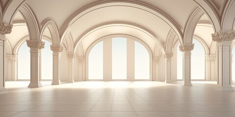 an empty room with arched ceiling.