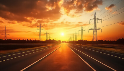 Fototapeta na wymiar Power lines by the road at sunset