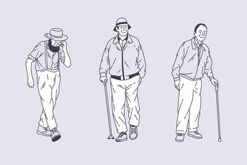 Set of outline illustrations of old man