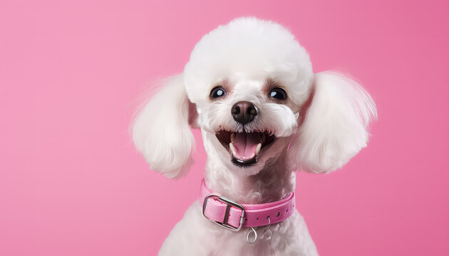 Fototapeta Cute white dog with collar on pink
