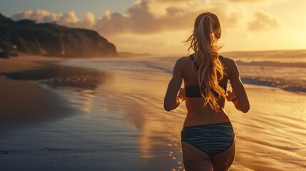 Woman in a Bikini Running on the Beach