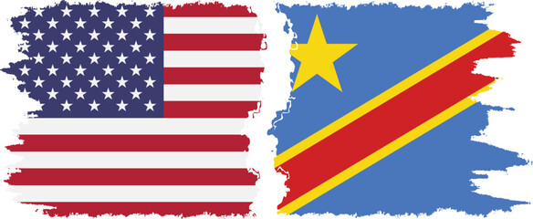 Congo - Kinshasa and USA grunge flags connection vector