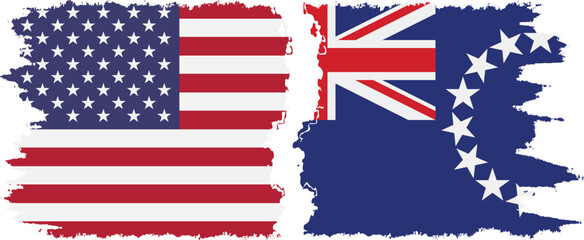 Cook Islands and USA grunge flags connection vector