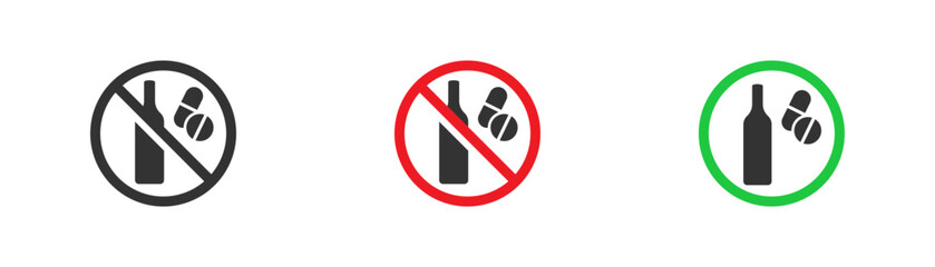 No alcohol with drugs contraindicated, no wine with pills forbidden red circle. Health care symbol. Flat vector illustration. - obrazy, fototapety, plakaty