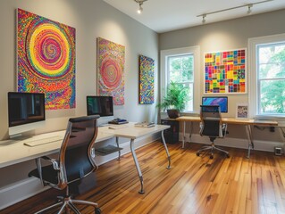 A modern home office setup with vibrant wall art and decor