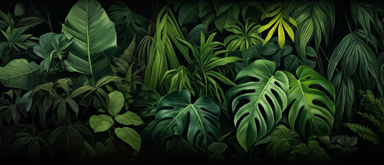 Obraz premium Group background of dark green tropical leaves ( monstera, palm, coconut leaf, fern, palm leaf,bananaleaf) background. concept of nature