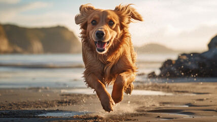 golden retriever running on the beach