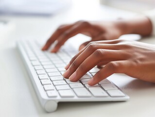 Close-up of a person's hands typing on a sleek wireless keyboard