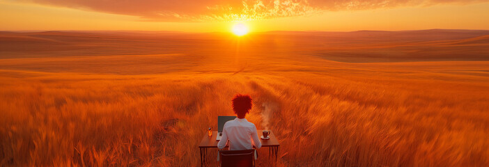 A female office worker sits at a desk in the middle of a field at golden hour - she has a laptop and a cup of coffee on the desk, a surrealist representation of rural, corporate and technology trends