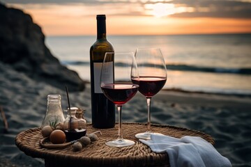 Two Glasses of Wine and a Bottle of Wine on a Table on the Beach