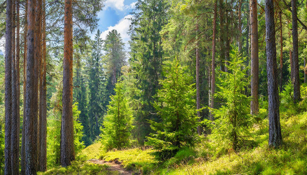Healthy green trees in a forest of old spruce, fir and pine trees in wilderness of a national park. Sustainable industry, ecosystem and healthy environment concepts and background.. High quality