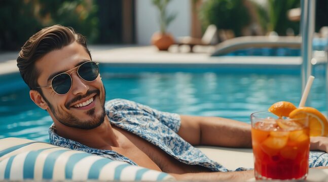 Handsome young man on swimming pool summer holiday smiling at camera with a cocktail drink from Generative AI