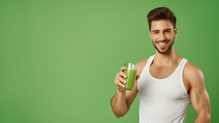 Healthy man holding vegetable juice on green background