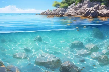 Crédence de cuisine en verre imprimé Turquoise A Painting of the Ocean With Rocks and Water
