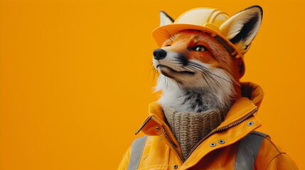 Fox in Hard Hat on Orange Background