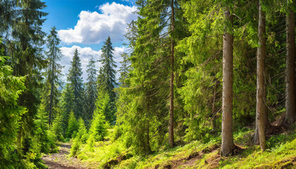 Fototapeta na wymiar Healthy green trees in a forest of old spruce, fir and pine trees in wilderness of a national park. Sustainable industry, ecosystem and healthy environment concepts and background.. High quality
