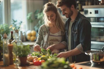 Man and Woman Preparing Food in a Kitchen