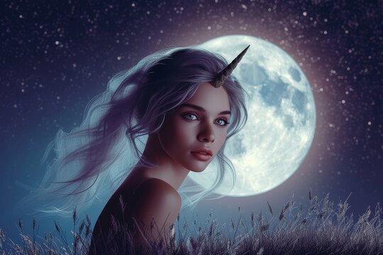 A mystical woman with a unicorn horn gazes at the moon in the sky, embodying a unique blend of fashion and nature in this stunning outdoor portrait