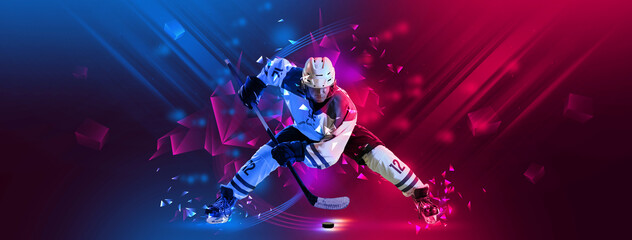 Poster. Focused hockey player train kicks and get puck in action against gradient background with neon elements. Concept of professional sport, competition, championship tournaments, energy. Ad - obrazy, fototapety, plakaty