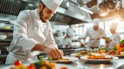 male chef is carefully preparing a side dish for a meal in a professional kitchen, with other chefs working in the background.