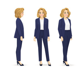 Obraz premium Elegant beautiful business woman in different side view from the front, from the side and half turn set. Isolated vector illustration